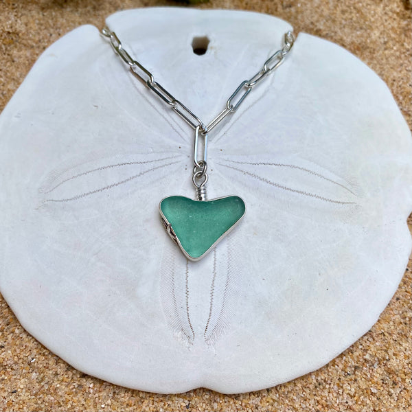 Bubbled Sea Glass Heart Pendant — Sterling Silver