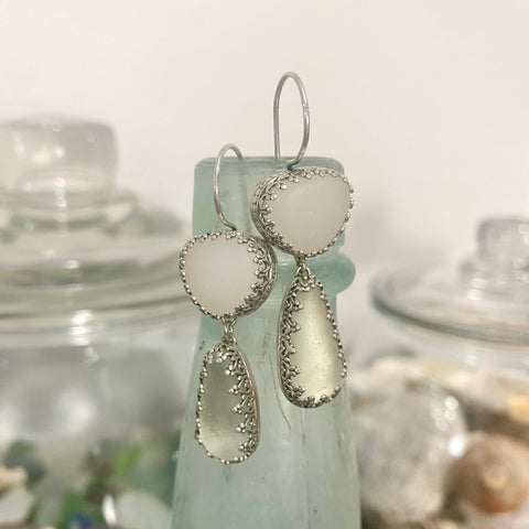 Milk  & Sea Glass Chandelier Earrings — Sterling Silver