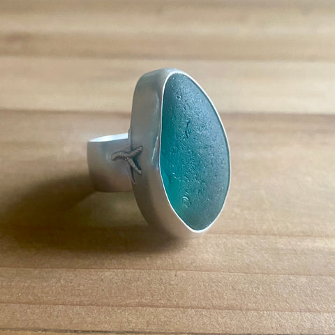 Teal Sea Glass Statement Ring— Sterling Silver