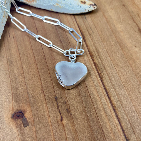 Frosty White Sea Glass Heart Pendant — Sterling Silver