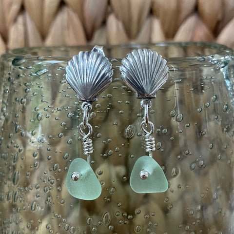 Scallop Sea Glass Drop Earrings — Sterling Silver