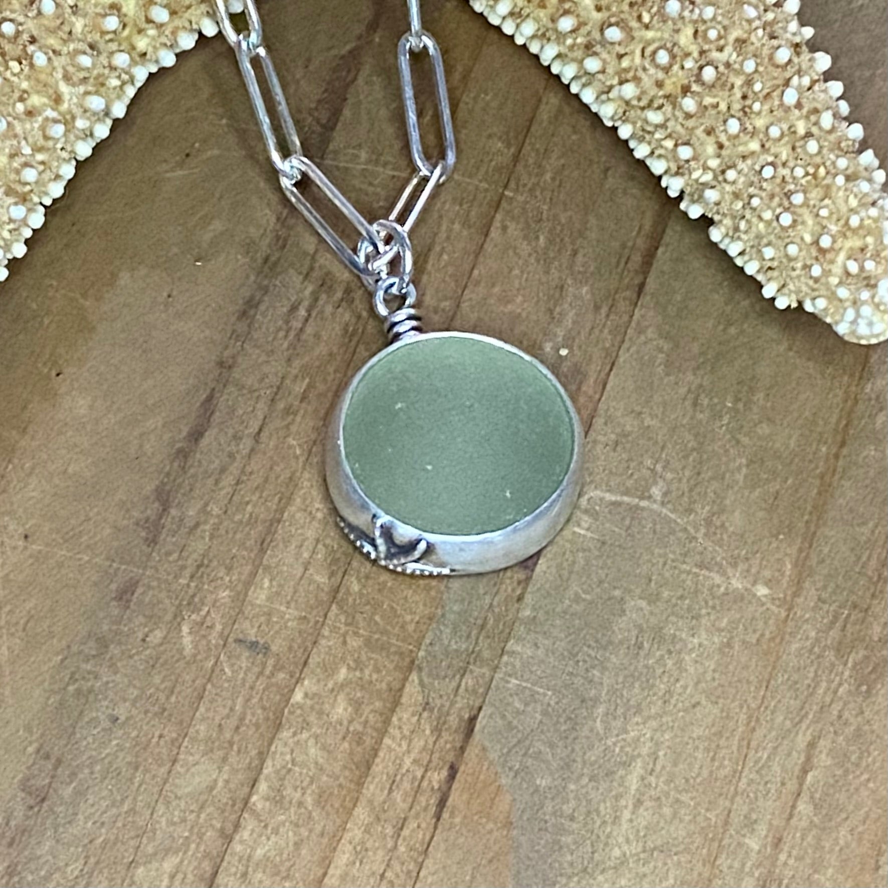 Signature Pale Olive Green Sea Glass Marble Pendant— Sterling Silver