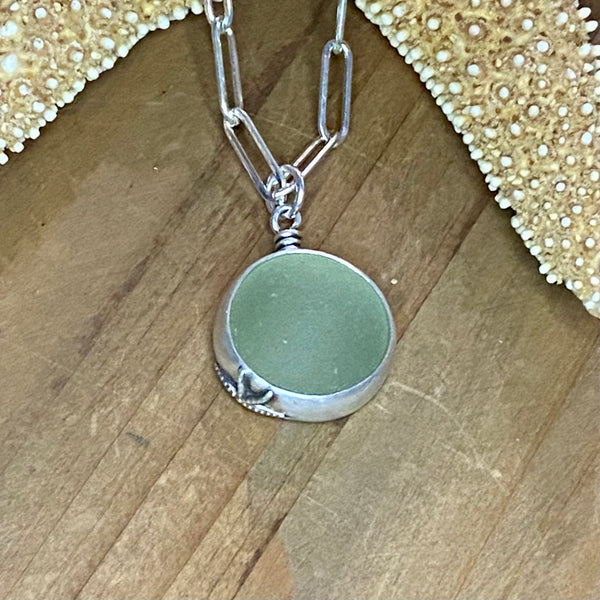 Signature Pale Olive Green Sea Glass Marble Pendant— Sterling Silver