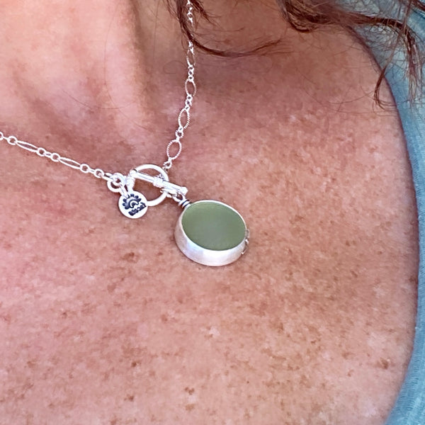 Signature Pale Olive Green Sea Glass Marble Pendant— Sterling Silver