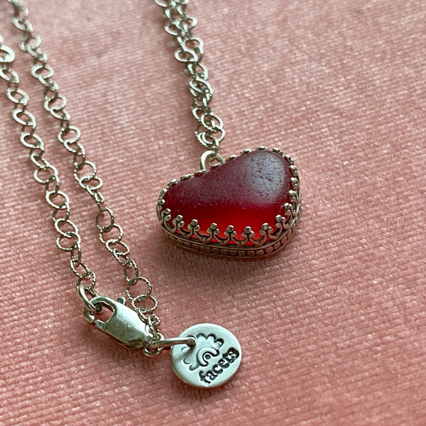 UV Ruby Red Sea Glass Garden Design Heart Necklace— Sterling Silver