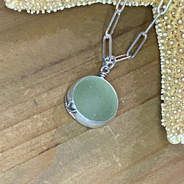 Signature Pale Olive Green Sea Glass Marble Pendant— Sterling Silver
