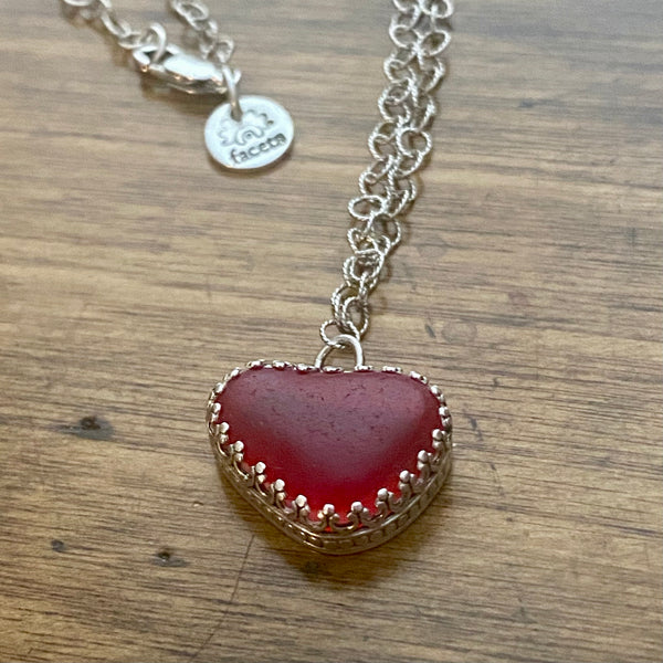 UV Ruby Red Sea Glass Garden Design Heart Necklace— Sterling Silver