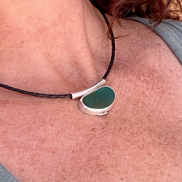 Teal Green Glass Shark Medallion — Sterling Silver