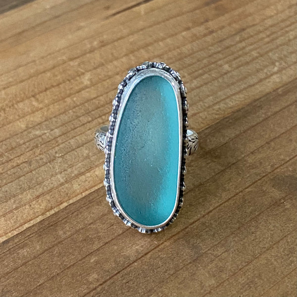 Teal Sea Glass Daisy Wreath Ring — Sterling Silver