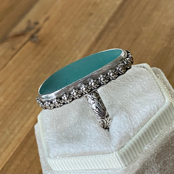 Teal Sea Glass Daisy Wreath Ring — Sterling Silver