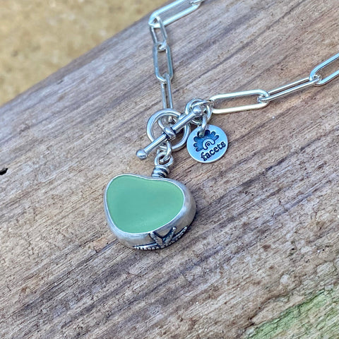 Pale Sage Green Sea Glass Heart Pendant — Sterling Silver