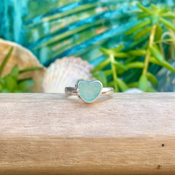 Lt Teal Blue Signature Sea Glass Heart Ring — Sterling Silver