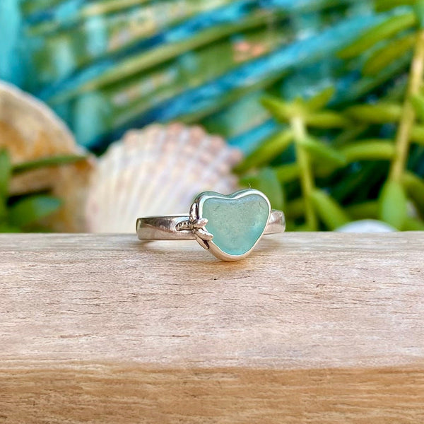 Lt Teal Blue Signature Sea Glass Heart Ring — Sterling Silver