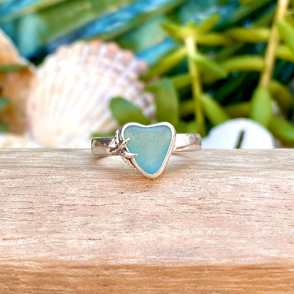 Lt Aquamarine Signature Sea Glass Heart Ring — Sterling Silver