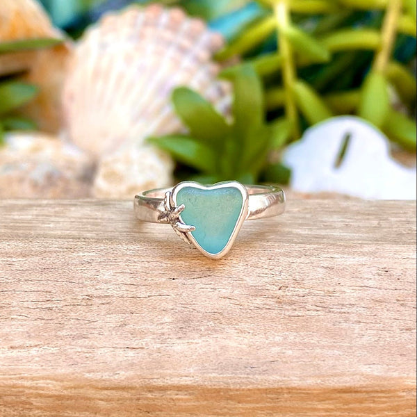 Lt Aquamarine Signature Sea Glass Heart Ring — Sterling Silver