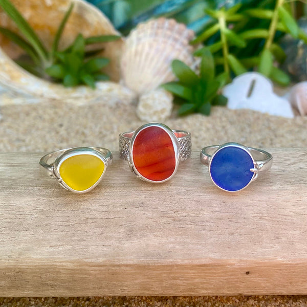 Deepest Striped Orange Sea Glass Ring — Sterling Silver