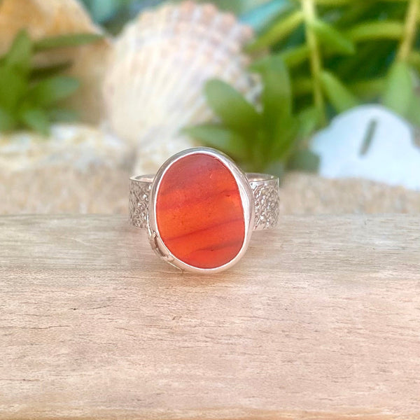 Deepest Striped Orange Sea Glass Ring — Sterling Silver
