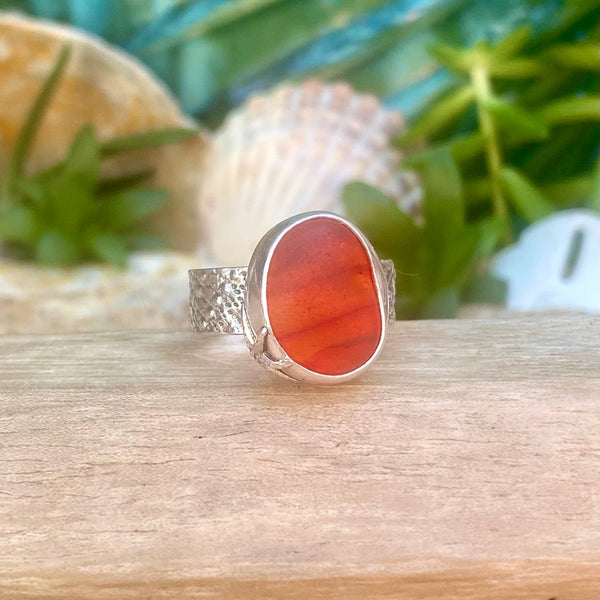 Deepest Striped Orange Sea Glass Ring — Sterling Silver