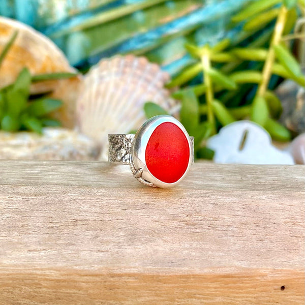 Deeper Orange Sea Glass Ring — Sterling Silver