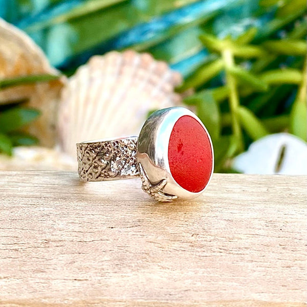 Deeper Orange Sea Glass Ring — Sterling Silver