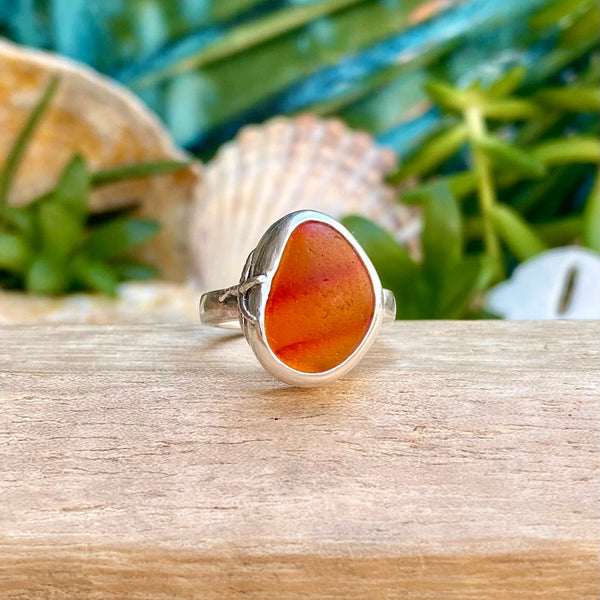 Striped Deep Orange Signature Sea Glass Ring — Sterling Silver