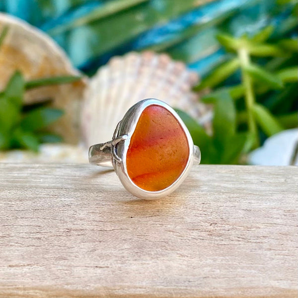 Striped Deep Orange Signature Sea Glass Ring — Sterling Silver