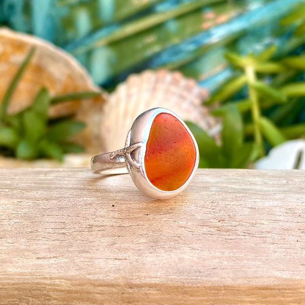 Striped Deep Orange Signature Sea Glass Ring — Sterling Silver