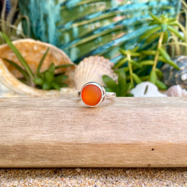 Deep Orange Signature Sea Glass Ring — Sterling Silver