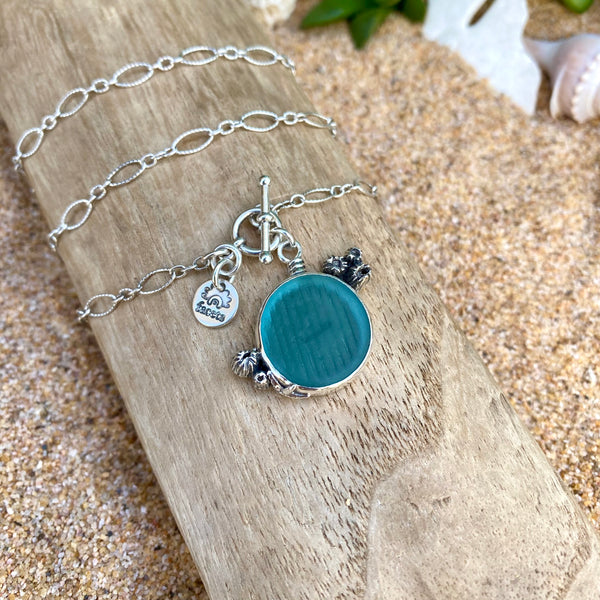 Blue Ohajiki Sea Glass Barnacle Necklace — Sterling Silver
