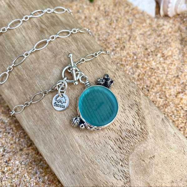 Blue Ohajiki Sea Glass Barnacle Necklace — Sterling Silver