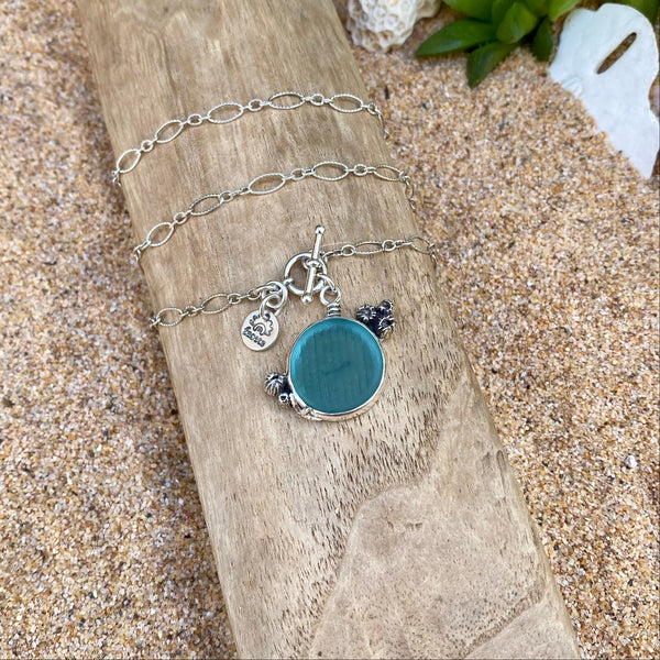 Blue Ohajiki Sea Glass Barnacle Necklace — Sterling Silver