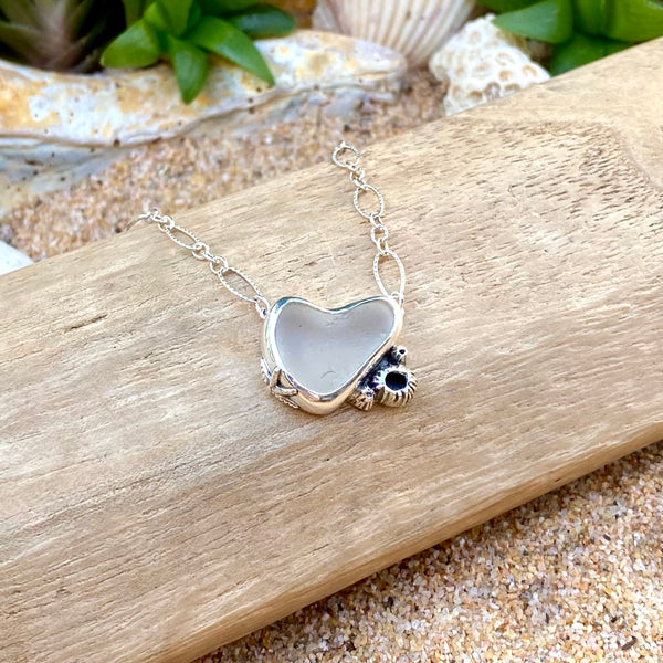 Barnacle Sea Glass Heart Necklace in White — Sterling Silver