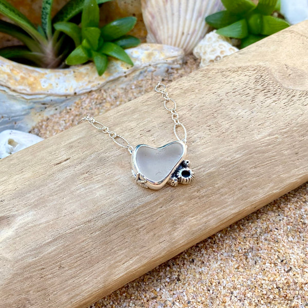 Barnacle Sea Glass Heart Necklace in White — Sterling Silver