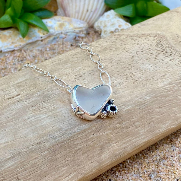 Barnacle Sea Glass Heart Necklace in White — Sterling Silver