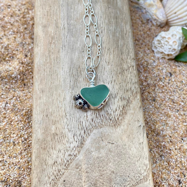 Teal Sea Glass Heart Barnacle Necklace — Sterling Silver