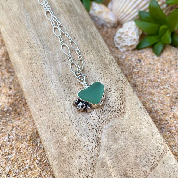 Teal Sea Glass Heart Barnacle Necklace — Sterling Silver