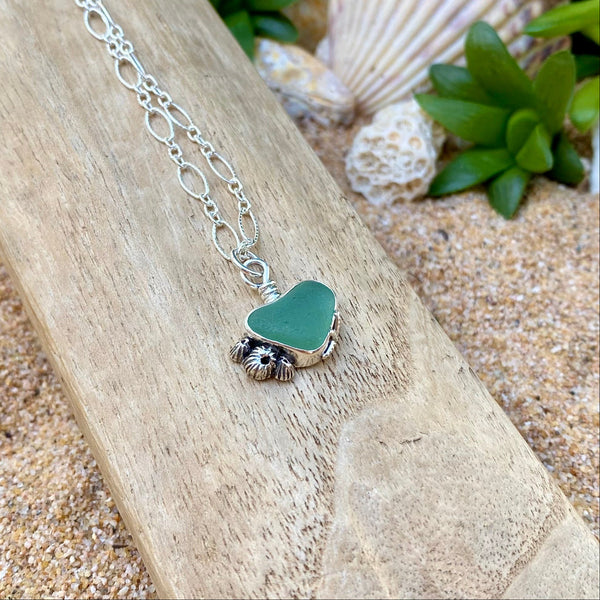 Teal Sea Glass Heart Barnacle Necklace — Sterling Silver