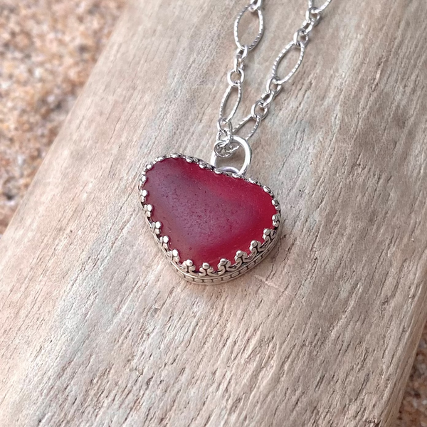 UV Ruby Red Sea Glass Garden Design Heart Necklace— Sterling Silver