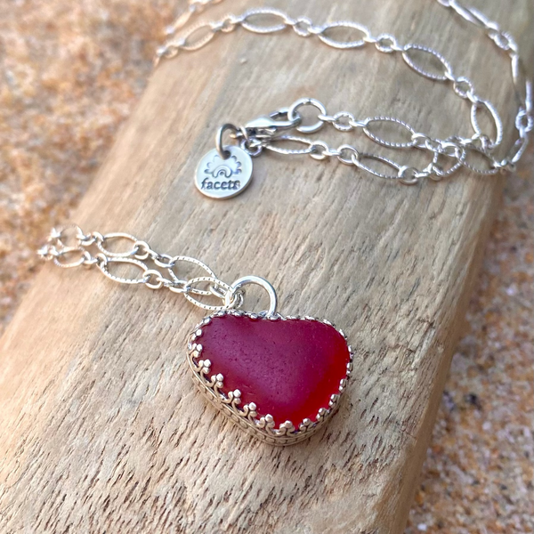 UV Ruby Red Sea Glass Garden Design Heart Necklace— Sterling Silver