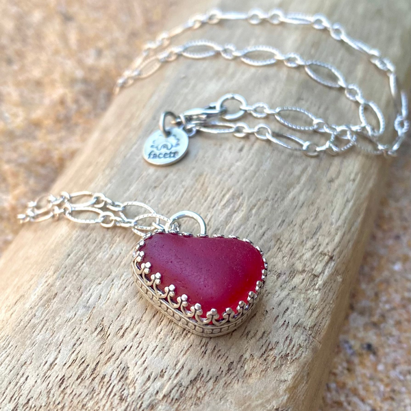 UV Ruby Red Sea Glass Garden Design Heart Necklace— Sterling Silver