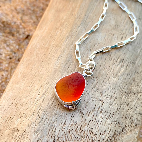 Ombré Orange Signature Sea Glass Necklace — Sterling Silver