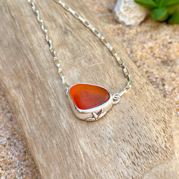 Glowing Orange Signature Sea Glass Necklace — Sterling Silver