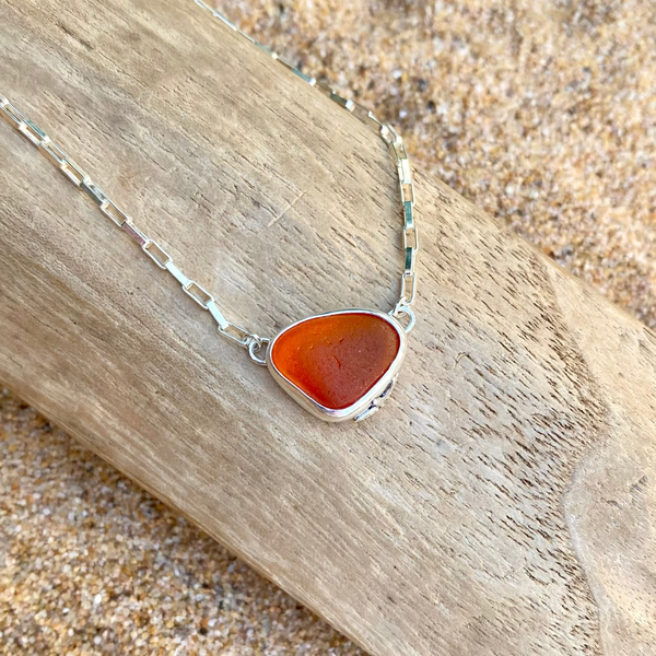 Glowing Orange Signature Sea Glass Necklace — Sterling Silver