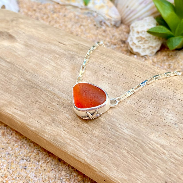 Glowing Orange Signature Sea Glass Necklace — Sterling Silver