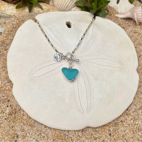 Deep Aqua Signature Sea Glass Heart Necklace — Sterling Silver