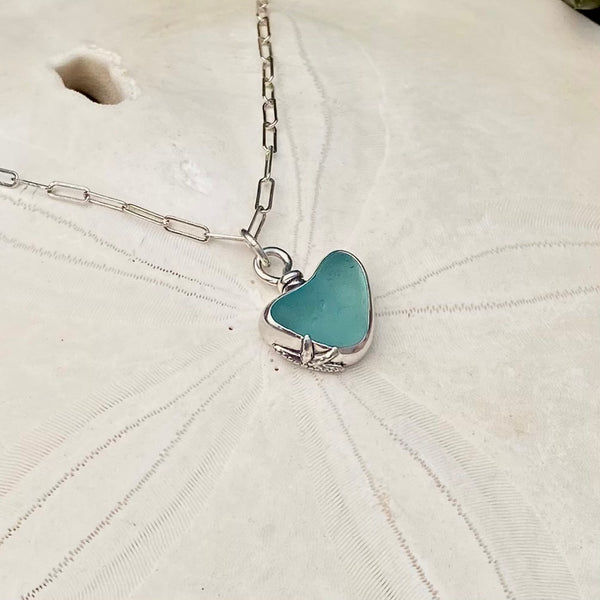 Light Teal Signature Sea Glass Heart Necklace — Sterling Silver