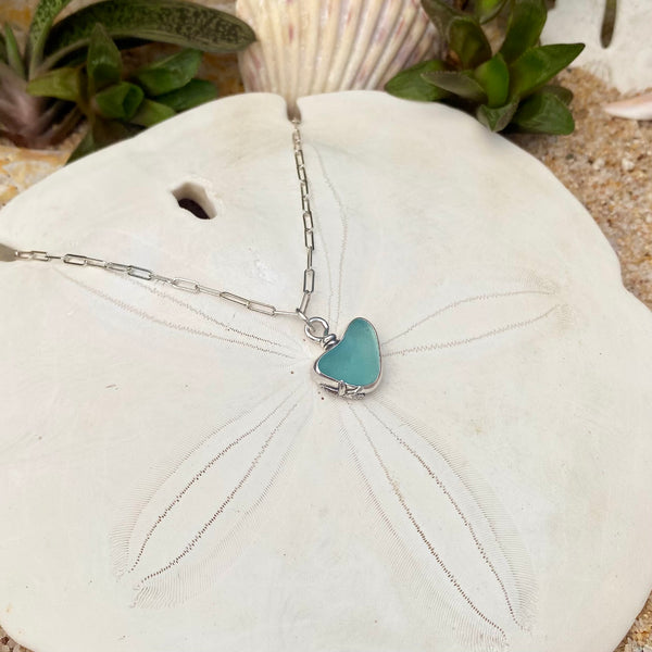 Light Teal Signature Sea Glass Heart Necklace — Sterling Silver