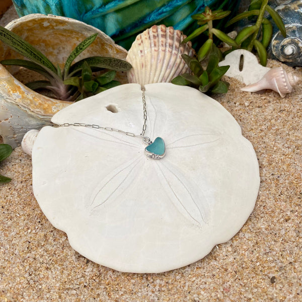 Light Teal Signature Sea Glass Heart Necklace — Sterling Silver