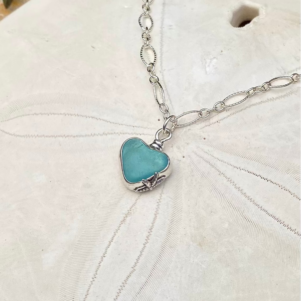 Light Aqua Signature Sea Glass Heart Necklace — Sterling Silver