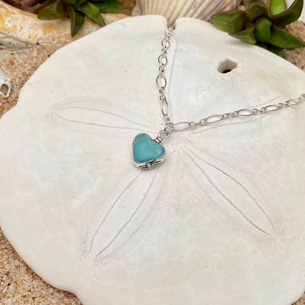 Light Aqua Signature Sea Glass Heart Necklace — Sterling Silver
